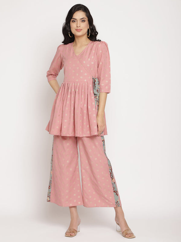 Women's Pink Ethnic Motifs Printed Angrakha Kurti With Palazzos- Ahalyaa