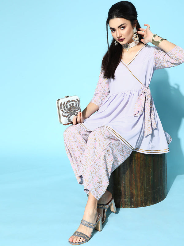 Lavender & Gold Printed Kurta Palazzo Set