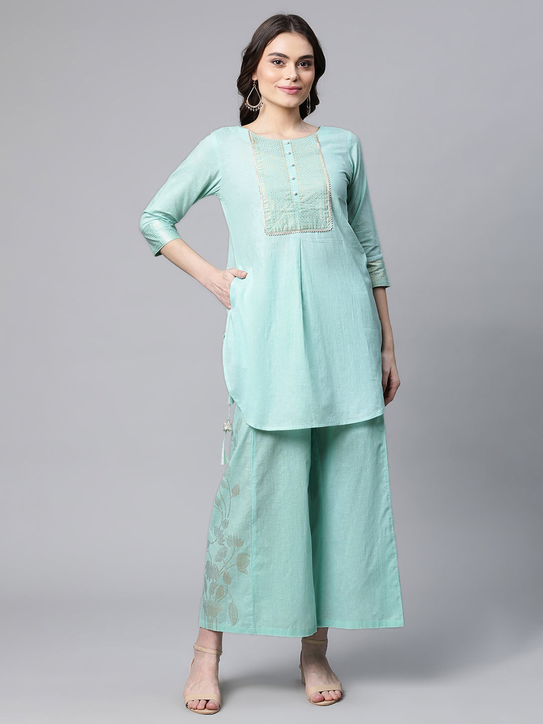 Women's Teal Pure Cotton Gold Foil Printed Pakistani Style Kurta Palazzo Set - Ahalyaa