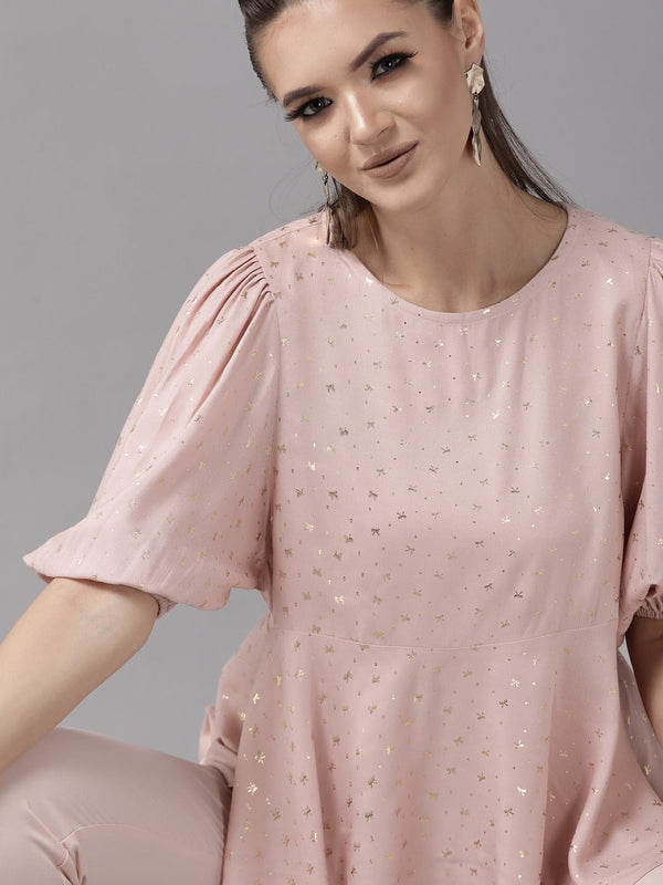 Women's Pink Rayon Gold Foil Print Tunic- Ahalyaa