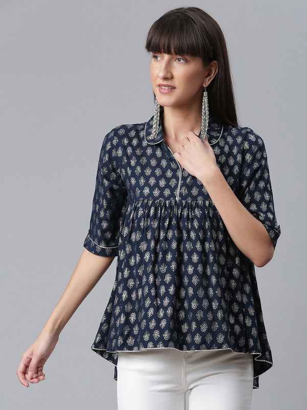 Women's Navy Blue Rayon Silver Foil Printed Tunic- Ahalyaa