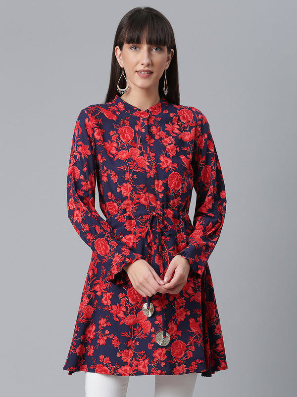 Women's Viscose Rayon Navy Blue Floral Wax Printed Western Tunic - Ahalyaa