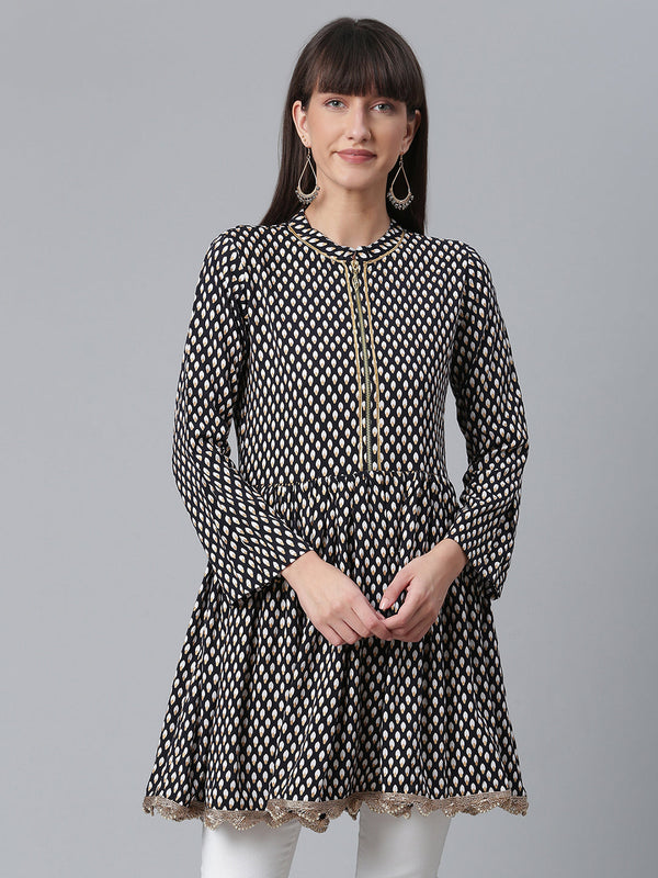 Women's Viscose Rayon Black Wax Printed Western Tunic - Ahalyaa