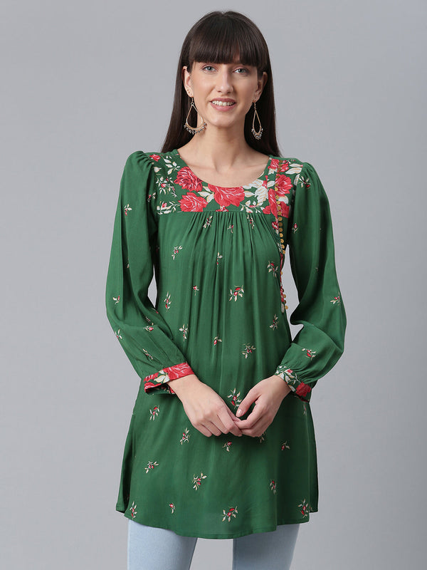 Women's Viscose Rayon Green Wax Printed Western Tunic - Ahalyaa