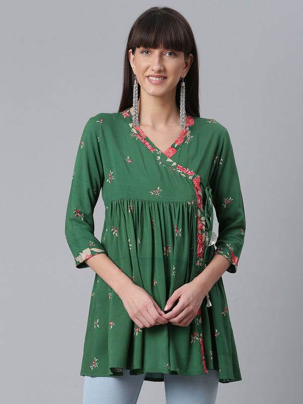 Women's Viscose Rayon Green Wax Printed Western Tunic - Ahalyaa