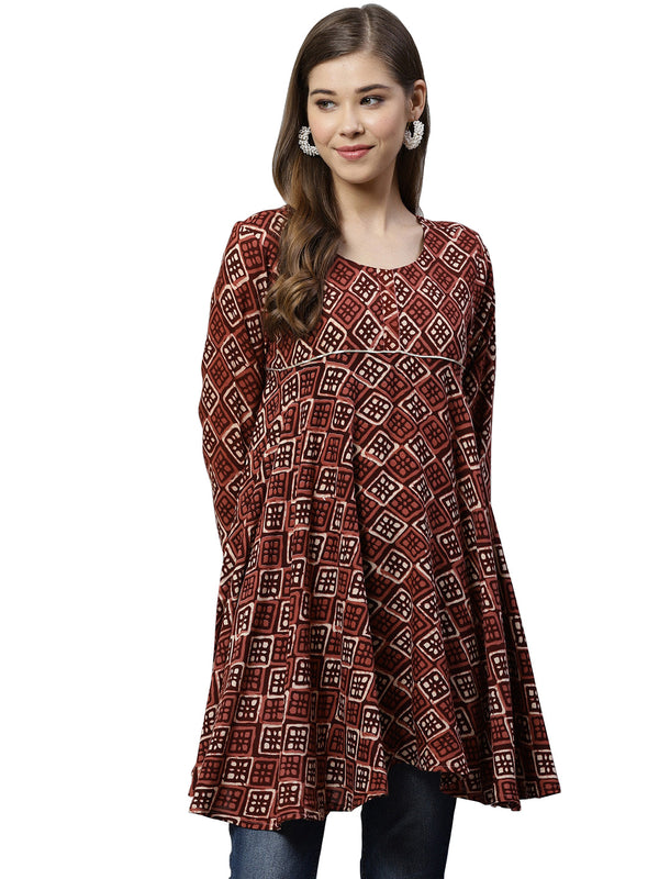 Women's Maroon Rayon Wax Printed Tunic- Ahalyaa