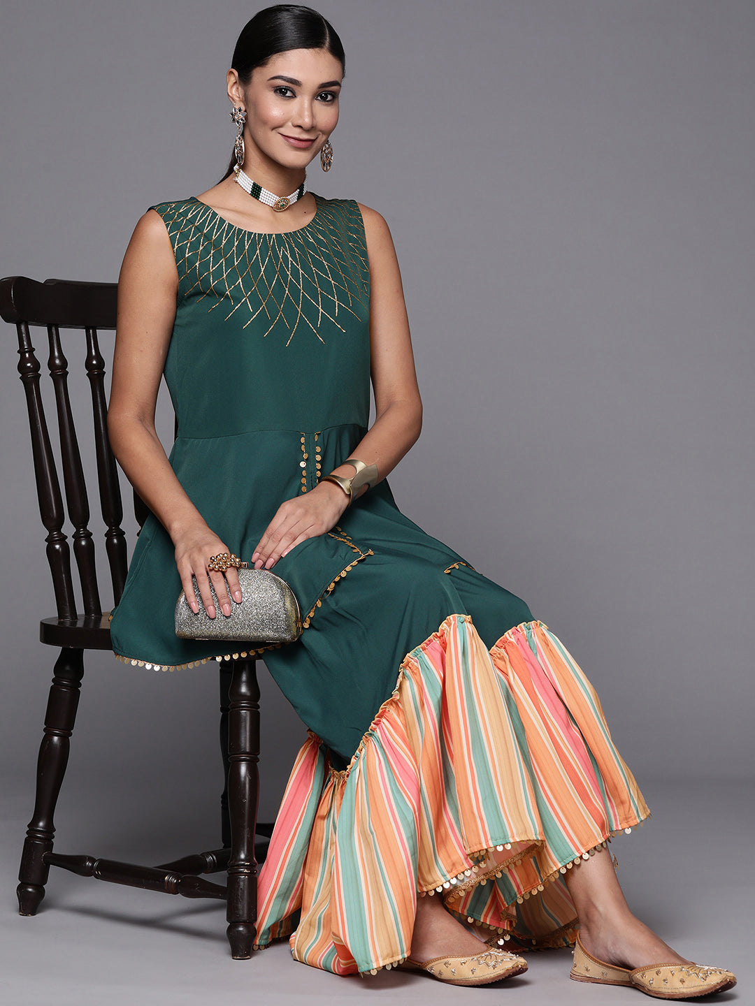 Women's Green Crepe Printed Tunic With Sharara Set - Ahalyaa