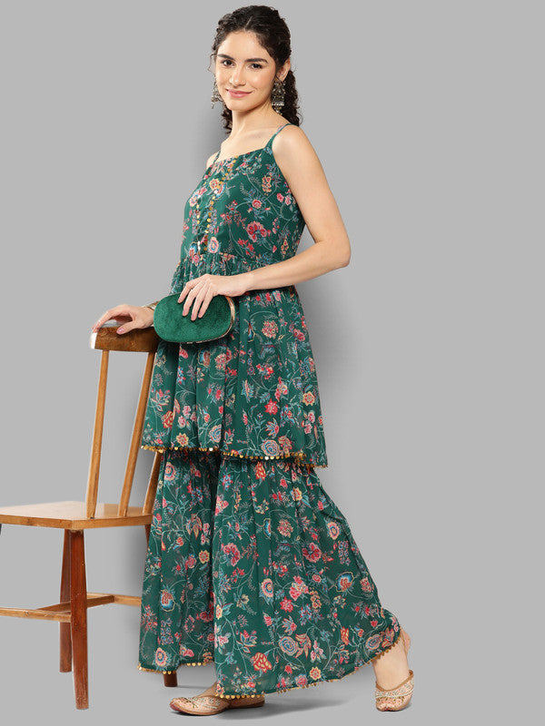 Women's Floral Printed Pleated Sequinned Top With Sharara - Ahalyaa