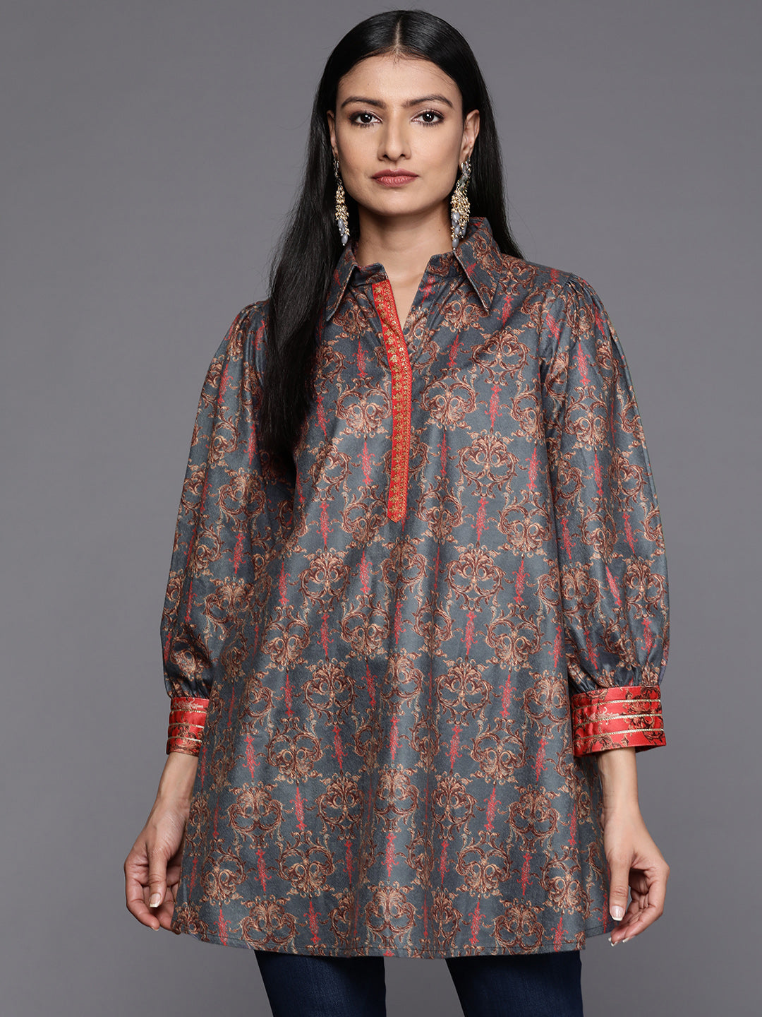 Women's Grey Velvet Printed Tunic - Ahalyaa