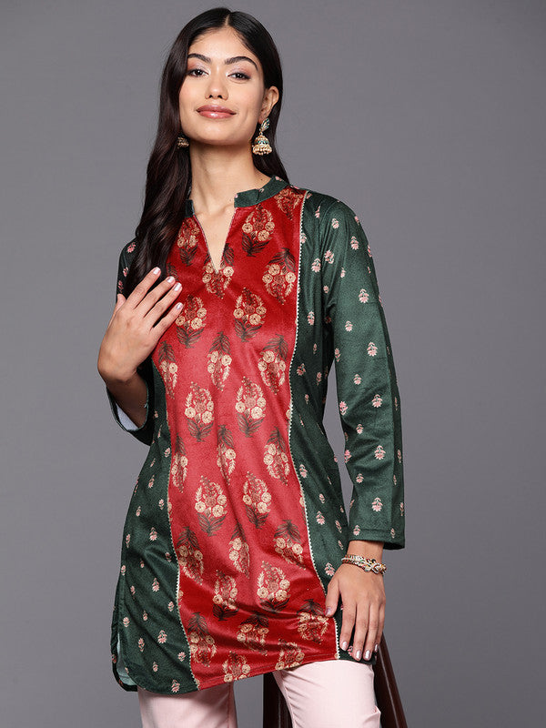 Women's Green & Red Mandarin Collar Printed Tunic - Ahalyaa