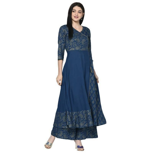 Women's Blue Rayon Foil print Angrakha Anarkali Palazzo Set - Aniyah