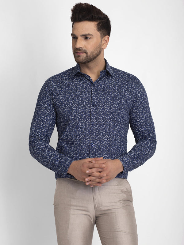 Men's Navy Blue Printed Formal Shirt ( JSF 426Navy ) - Jainish