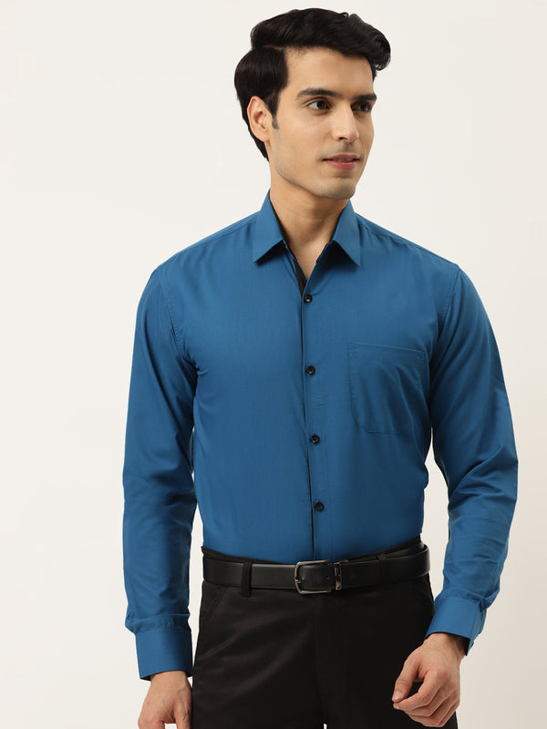 Men's Pecock Green Formal Shirt with black detailing ( SF 411Peacock ) - Jainish