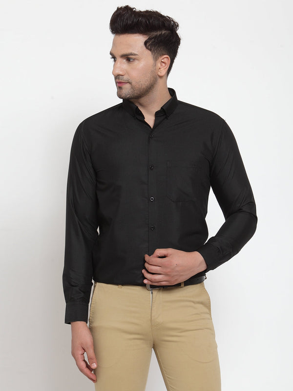 Men's Black Cotton Solid Button Down Formal Shirts ( SF 713Black ) - Jainish