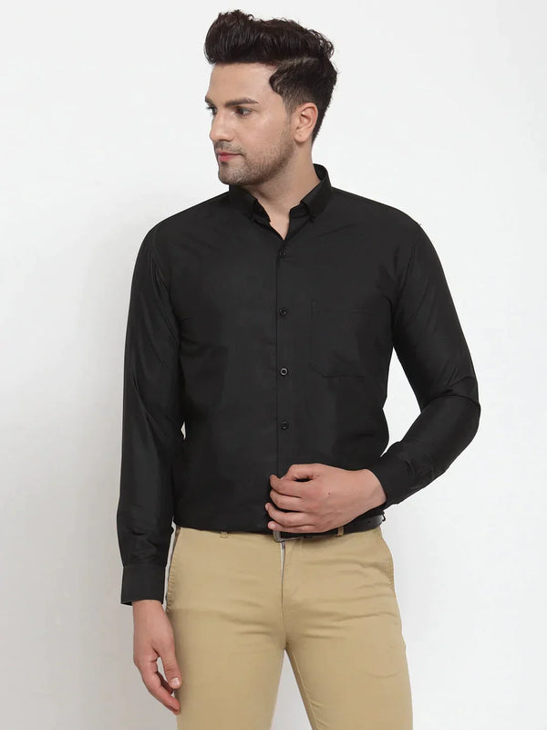 Men's Black Cotton Solid Button Down Formal Shirts - Taantav