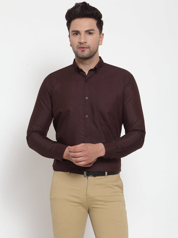 Men's Brown Cotton Solid Button Down Formal Shirts ( SF 713Coffee ) - Jainish