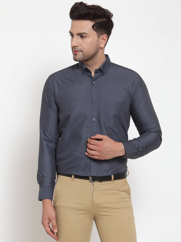 Men's Grey Cotton Solid Button Down Formal Shirts ( SF 713Grey ) - Jainish