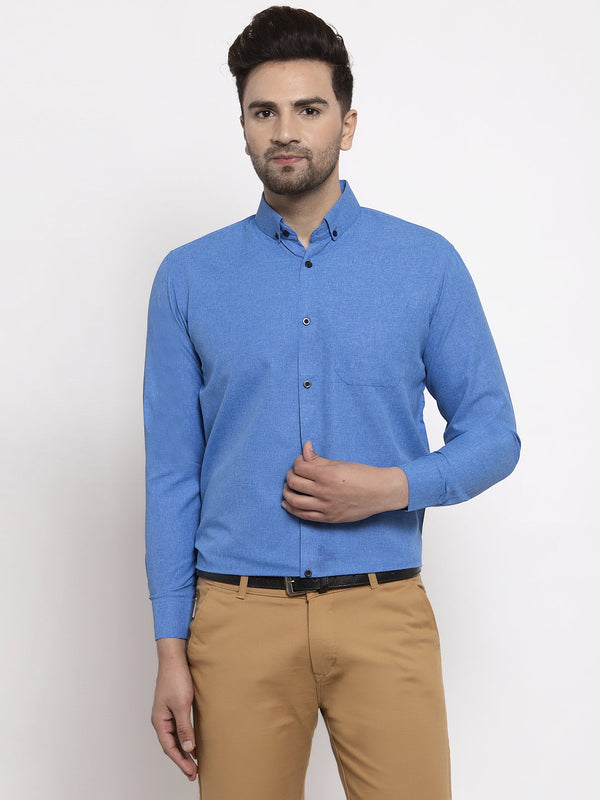 Jashvi Blue Men's Cotton Solid Button Down Formal Shirts