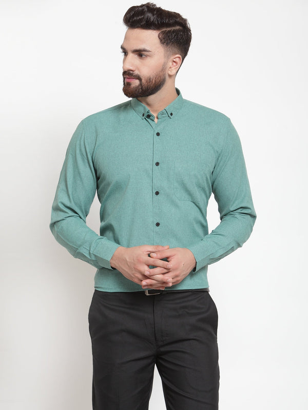 Jashvi Green Men's Cotton Solid Button Down Formal Shirts