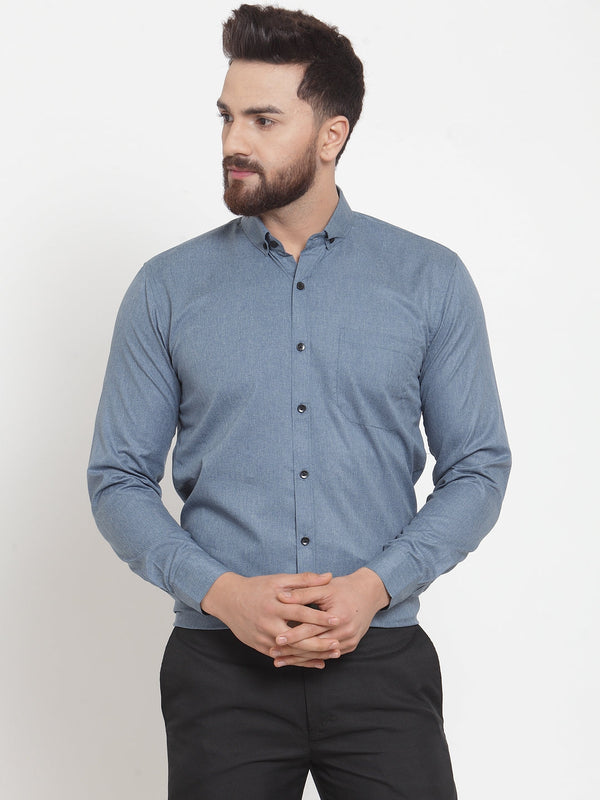 Jashvi Grey Men's Cotton Solid Button Down Formal Shirts