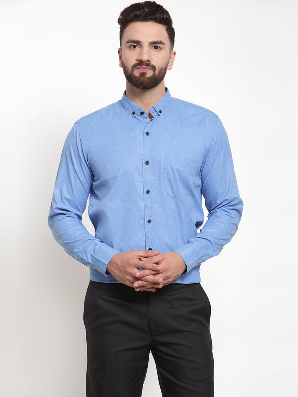 Jashvi Blue Men's Cotton Solid Button Down Formal Shirts