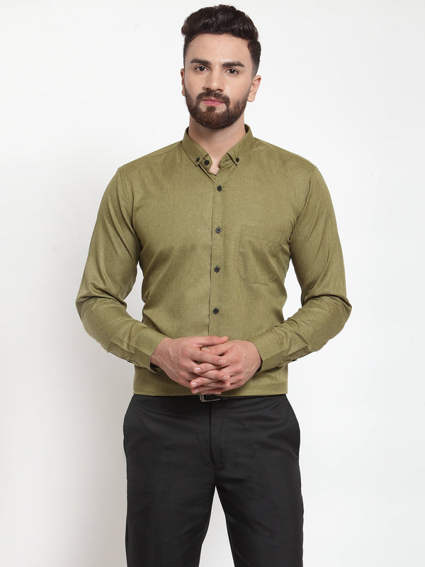 Jashvi Olive Men's Cotton Solid Button Down Formal Shirts