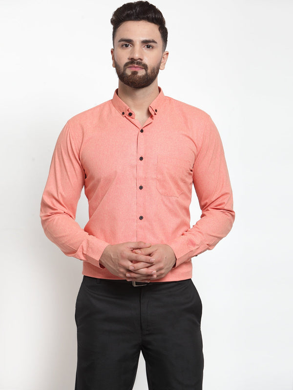 Jashvi Peach Men's Cotton Solid Button Down Formal Shirts