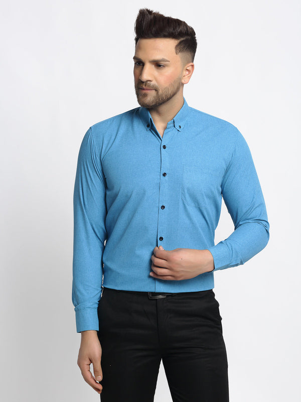 Jashvi Blue Men's Cotton Solid Button Down Formal Shirts