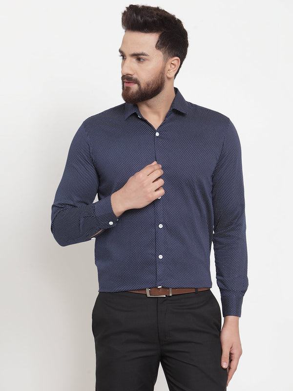 Jashvi Navy Men's Cotton Polka Dots Formal Shirts