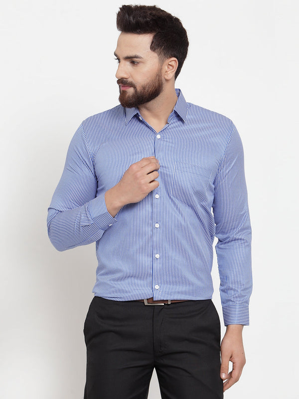 Jashvi Blue Men's Cotton Stiped Formal Shirts