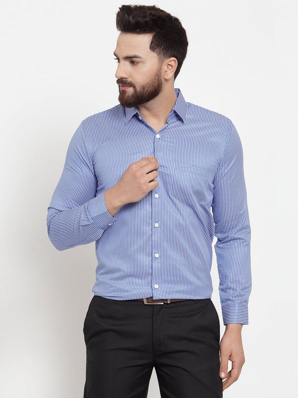 Men's Blue Cotton Stiped Formal Shirts ( SF 737Blue ) - Jainish