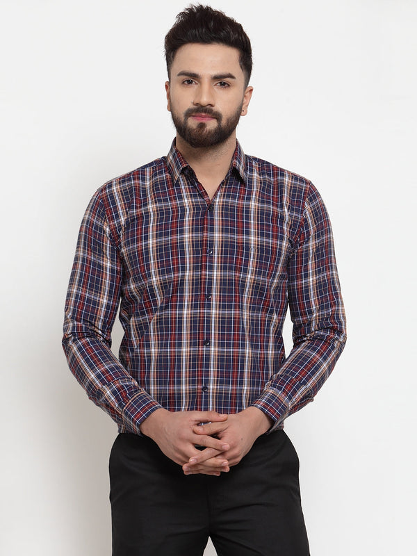 Men's Blue Cotton Checked Formal Shirts ( SF 741Blue ) - Jainish