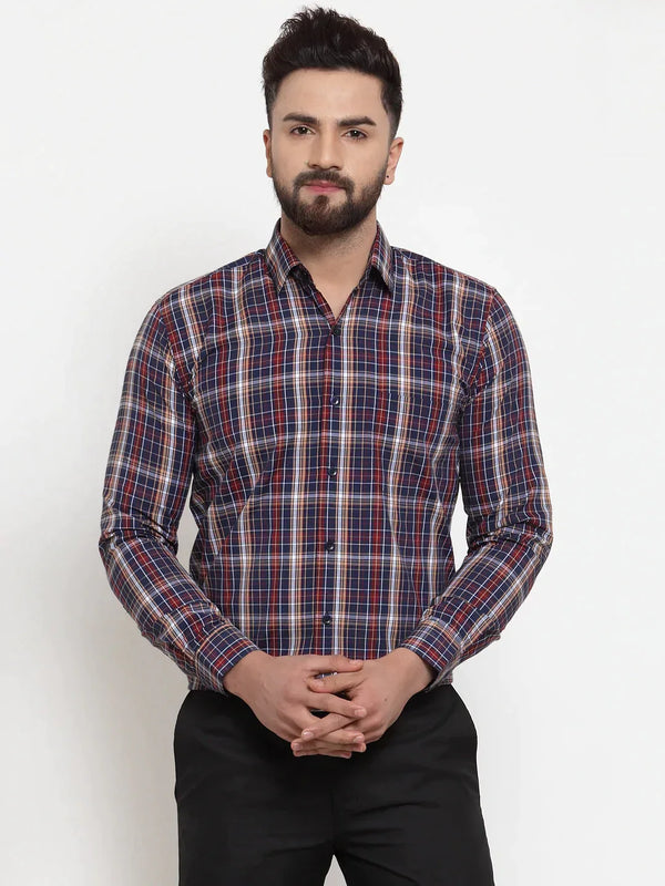 Men's Blue Cotton Checked Formal Shirts - Taantav