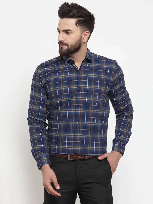 Men's Blue Cotton Checked Formal Shirts - Taantav