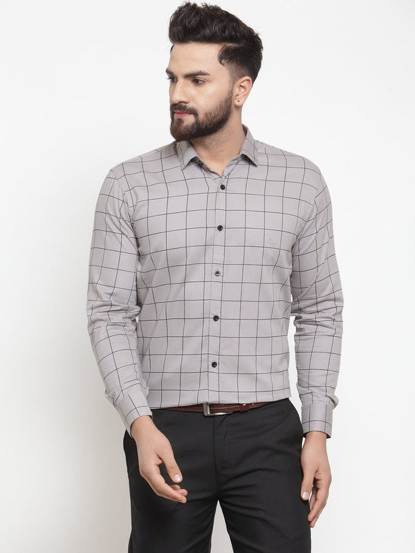 Jashvi Grey Men's Cotton Checked Formal Shirts