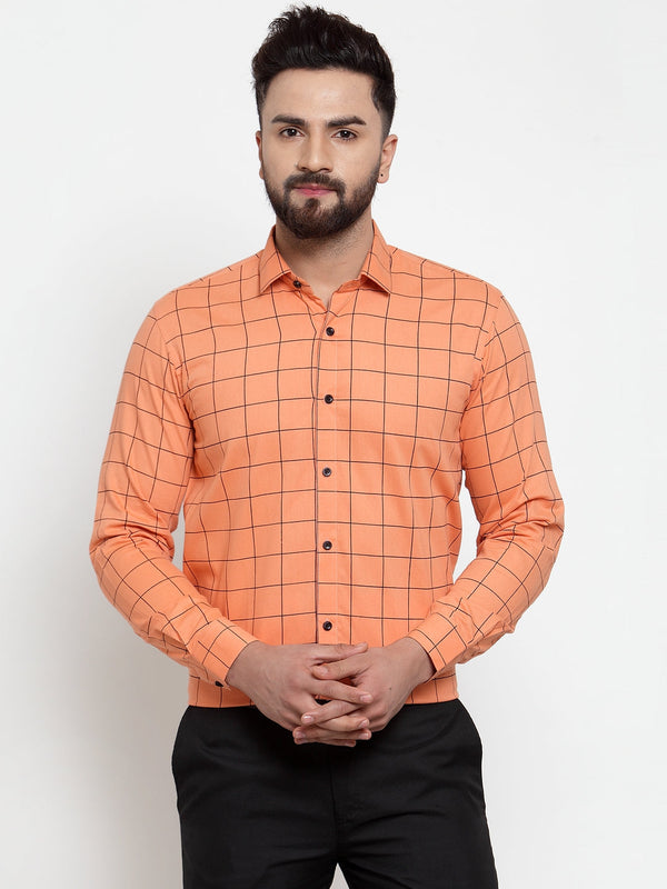 Jashvi Orange Men's Cotton Checked Formal Shirts