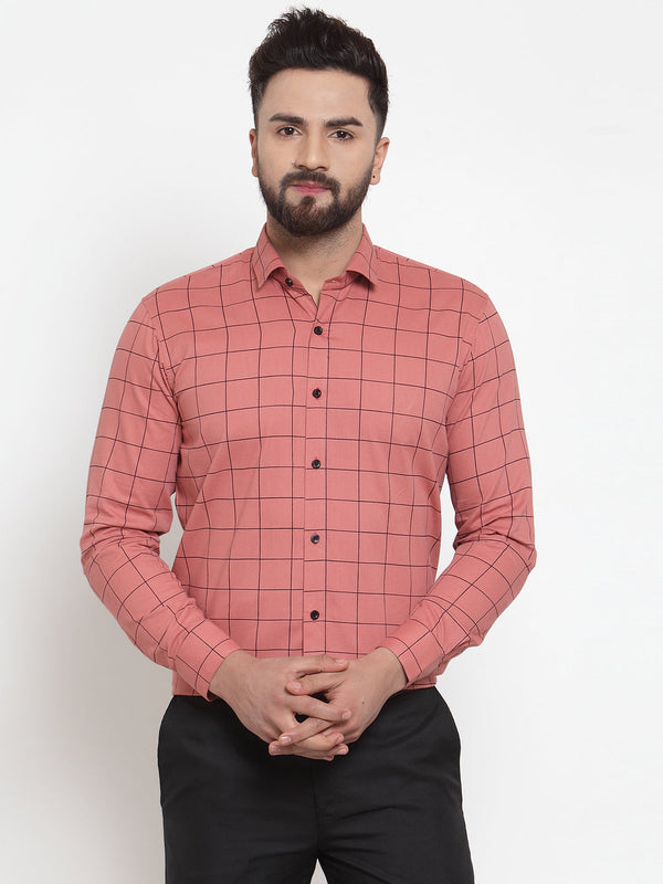 Jashvi Peach Men's Cotton Checked Formal Shirts