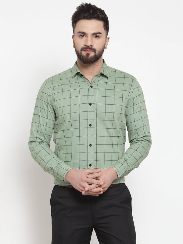 Jashvi Green Men's Cotton Checked Formal Shirts