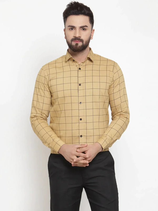 Men's Beige Cotton Checked Formal Shirts - Taantav