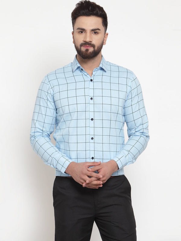 Jashvi Blue Men's Cotton Checked Formal Shirts