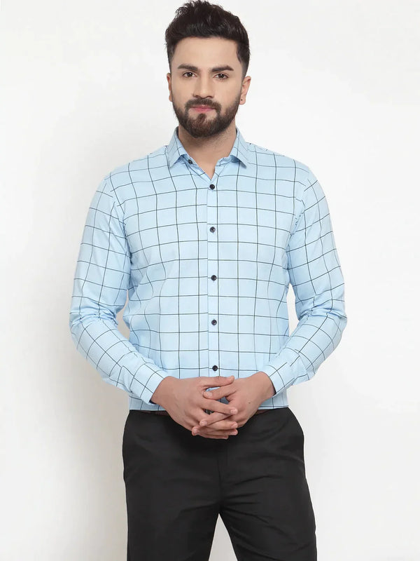 Men's Blue Cotton Checked Formal Shirts - Taantav