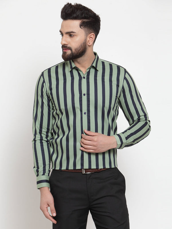 Men's Green Cotton Striped Formal Shirts ( SF 744Green ) - Jainish