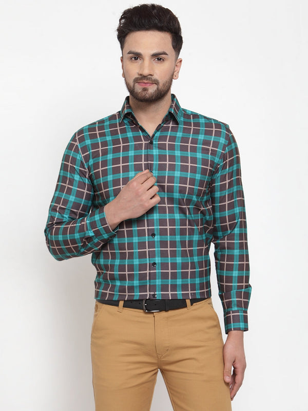 Men's Green Cotton Checked Formal Shirt's ( SF 749Green-Black ) - Jainish