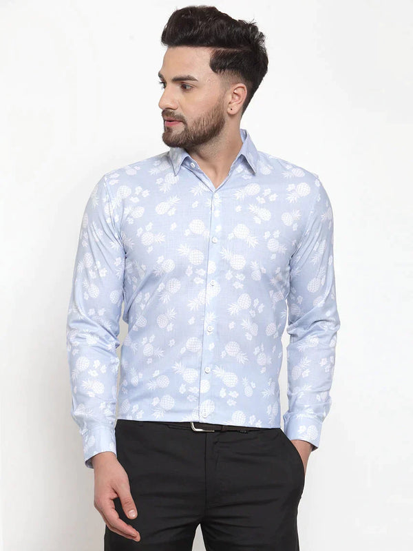 Men's Blue Cotton Printed Formal Shirt's - Taantav