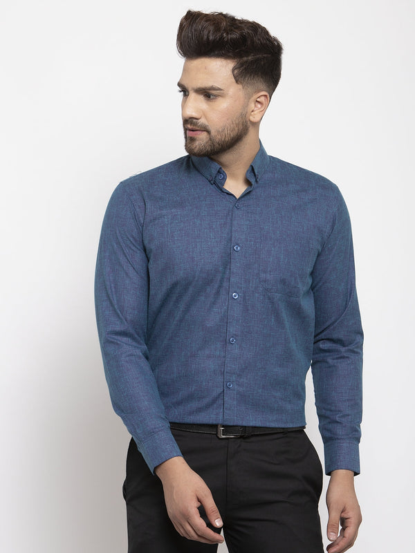 Jashvi Blue Men's Cotton Solid Button Down Formal Shirts