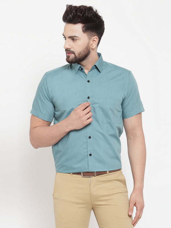 Jashvi Green Men's Cotton Half Sleeves Solid Formal Shirts