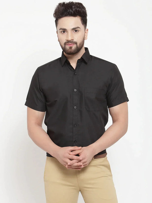 Men's Black Cotton Half Sleeves Solid Formal Shirts - Taantav