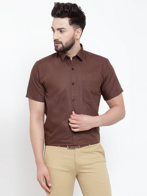 Jashvi Brown Men's Cotton Half Sleeves Solid Formal Shirts