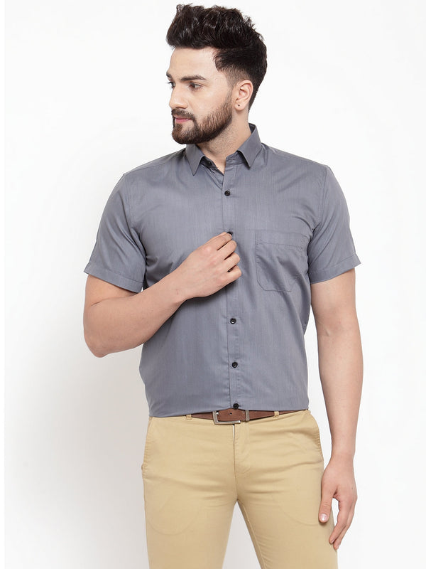 Men's Grey Cotton Half Sleeves Solid Formal Shirts ( SF 754Grey ) - Jainish