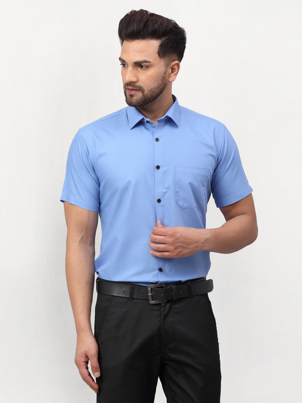 Jashvi Blue Men's Cotton Half Sleeves Solid Formal Shirts